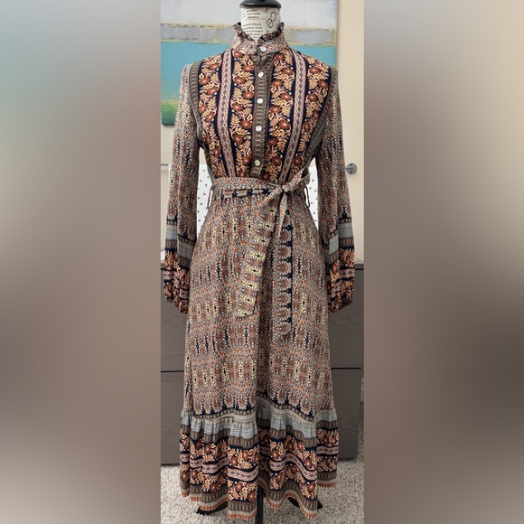 Sweet Salt Floral Kaleidoscope Ruffle Collar Dress Rust & Black & Gold Pockets S - Picture 1 of 12